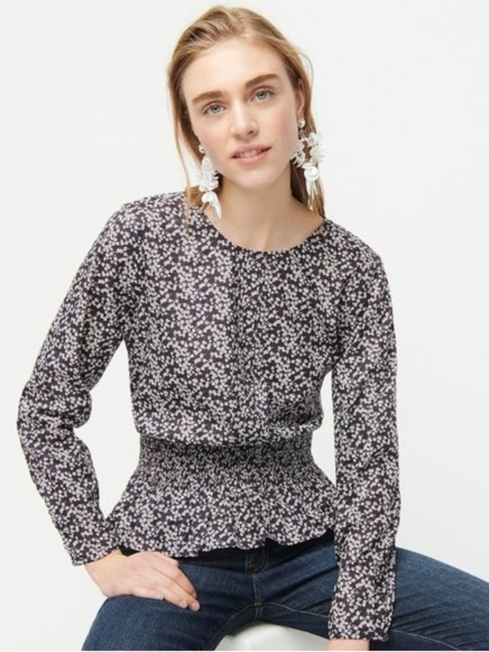J. Crew Black and White Floral Long-Sleeve Peplum Top
